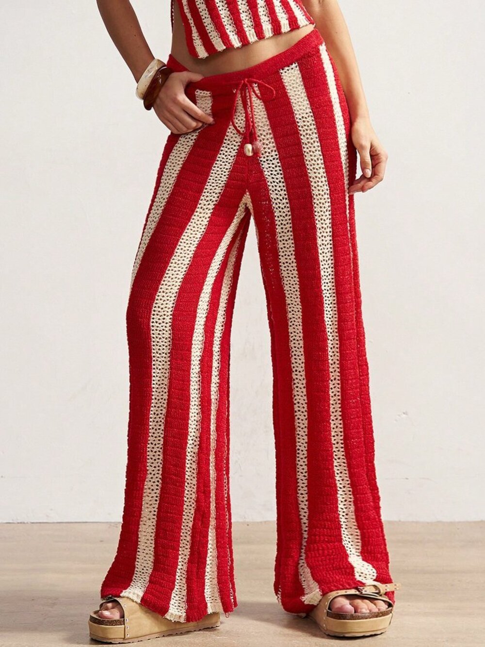 Red Casual Women's Boho Striped Wide Leg Knit Pants - Picture 3 of 8